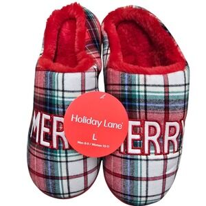 Holiday Lane Merry Plaid Slippers Red Faux Fur Trim Christmas Scuff L 10-11